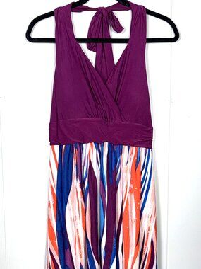 Soma Halter Tie-Neck Midi Studio Stripe Pink Icing Built-In Bra Hi-Low Dress L